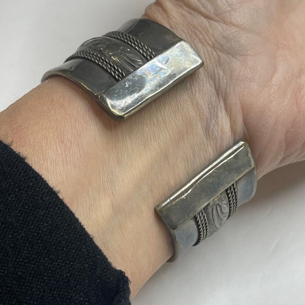 cuff bracelet burnished silver tone vintage or vintage look metallic gray boho - Picture 7 of 9